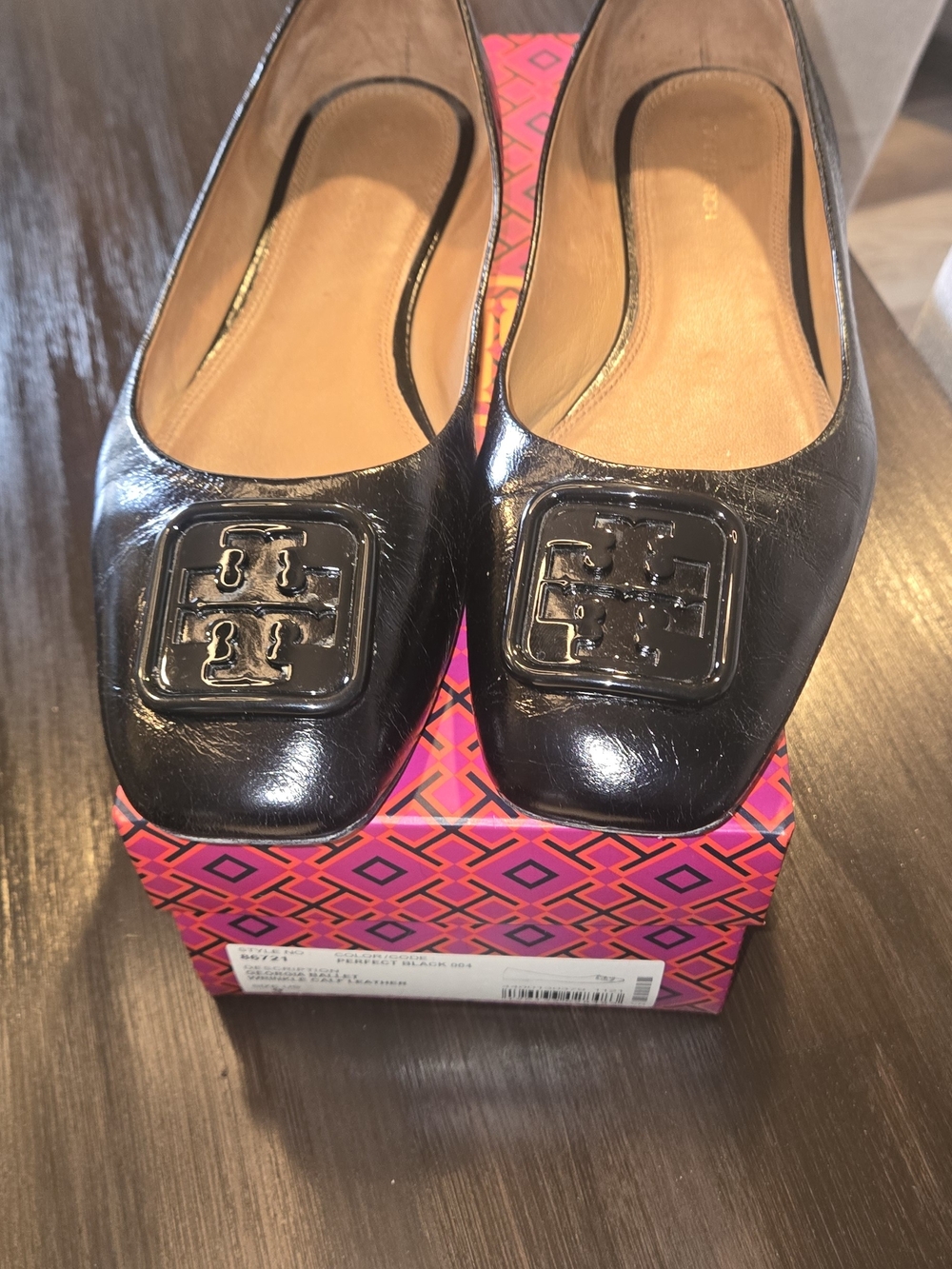Tory Burch Black Patent Logo Square-Toe Ballet Flats